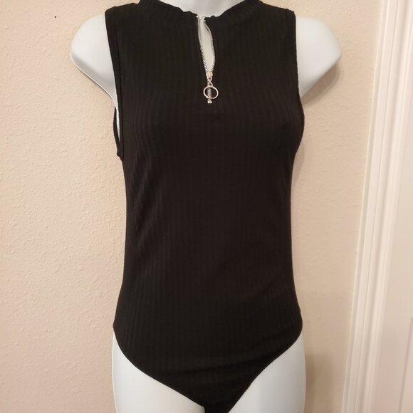 Women Sleeveless Knit Bodysuit Black Color 1/4 Zip up front closure. Mock Neck. - Picture 5 of 12